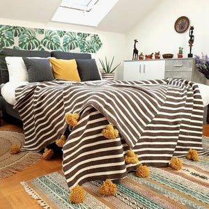 Moroccan Pompom Blanket/Bed Throw, Gray/White Stripes - Moroccan Interior