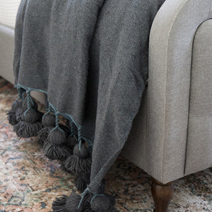 Moroccan Pompom Blanket/Bed Throw, Dark Gray - Moroccan Interior