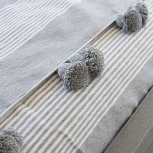 Moroccan Pompom Blanket/Bed Throw, Gray Stripes - Moroccan Interior