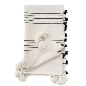 Moroccan Pompom Blanket/Bed Throw White/Black Stripes - Moroccan Interior