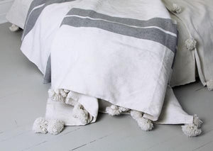 Moroccan Pompom Blanket/Bed Throw, Gray Stripes - Moroccan Interior