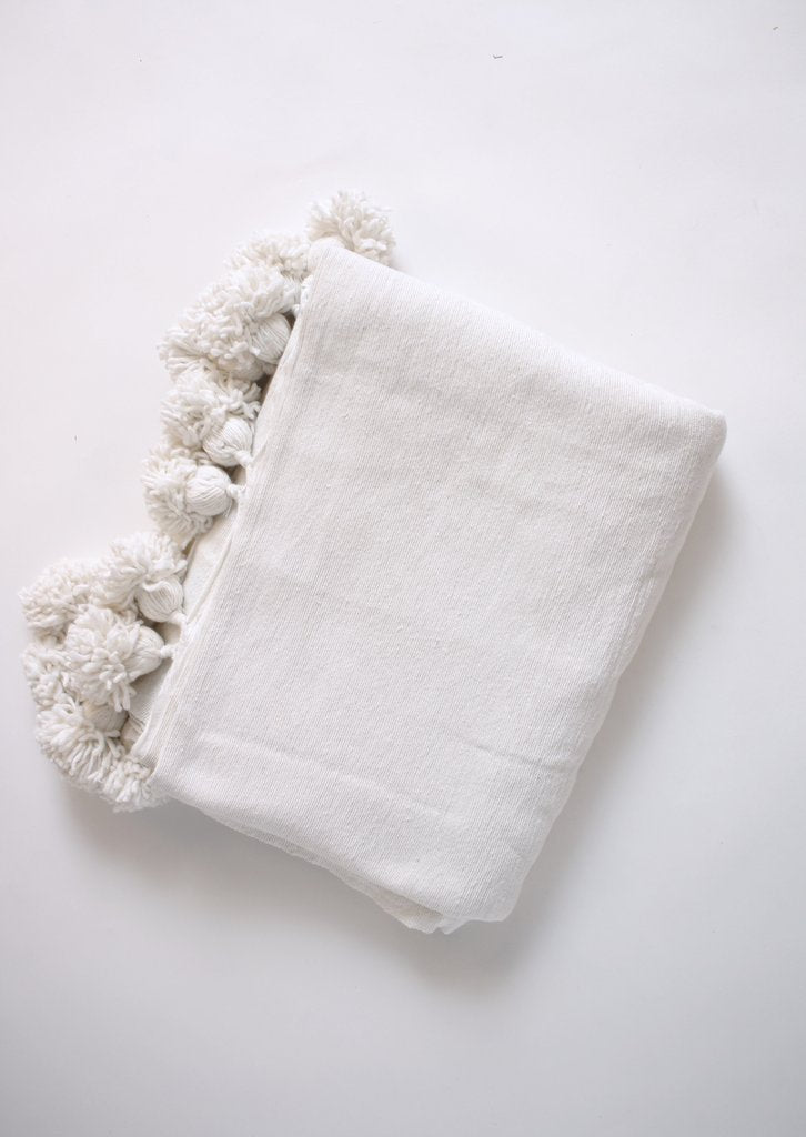 Moroccan Pompom Blanket/Bed Throw, White - Moroccan Interior