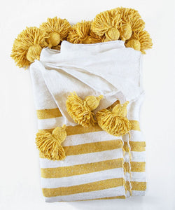 Moroccan Pompom Blanket/Bed Throw ,Yellow Stripes - Moroccan Interior
