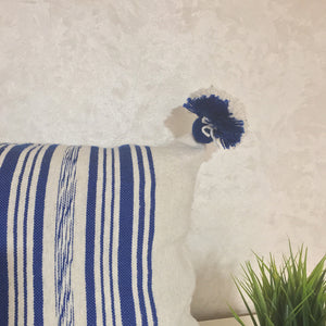 Moroccan Wool Pom Pom Pillow White & Blue Navy Stripes - Set of two - Moroccan Interior
