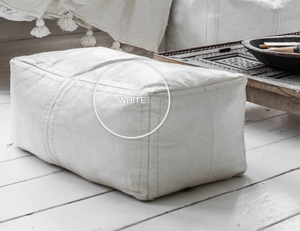 Moroccan Rectangular Leather Pouf in white leather color - Moroccan Interior