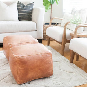 Set of two Moroccan leather poufs on wool rug in living room with furniture, big plant, and window - Moroccan Interior