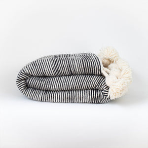 Wool Pompom Blanket/Bed Throw, Black & White Stripes - Moroccan Interior
