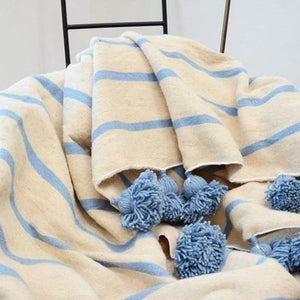 Wool Pompom Blanket/Bed Throw, White & Blue Stripes - Moroccan Interior