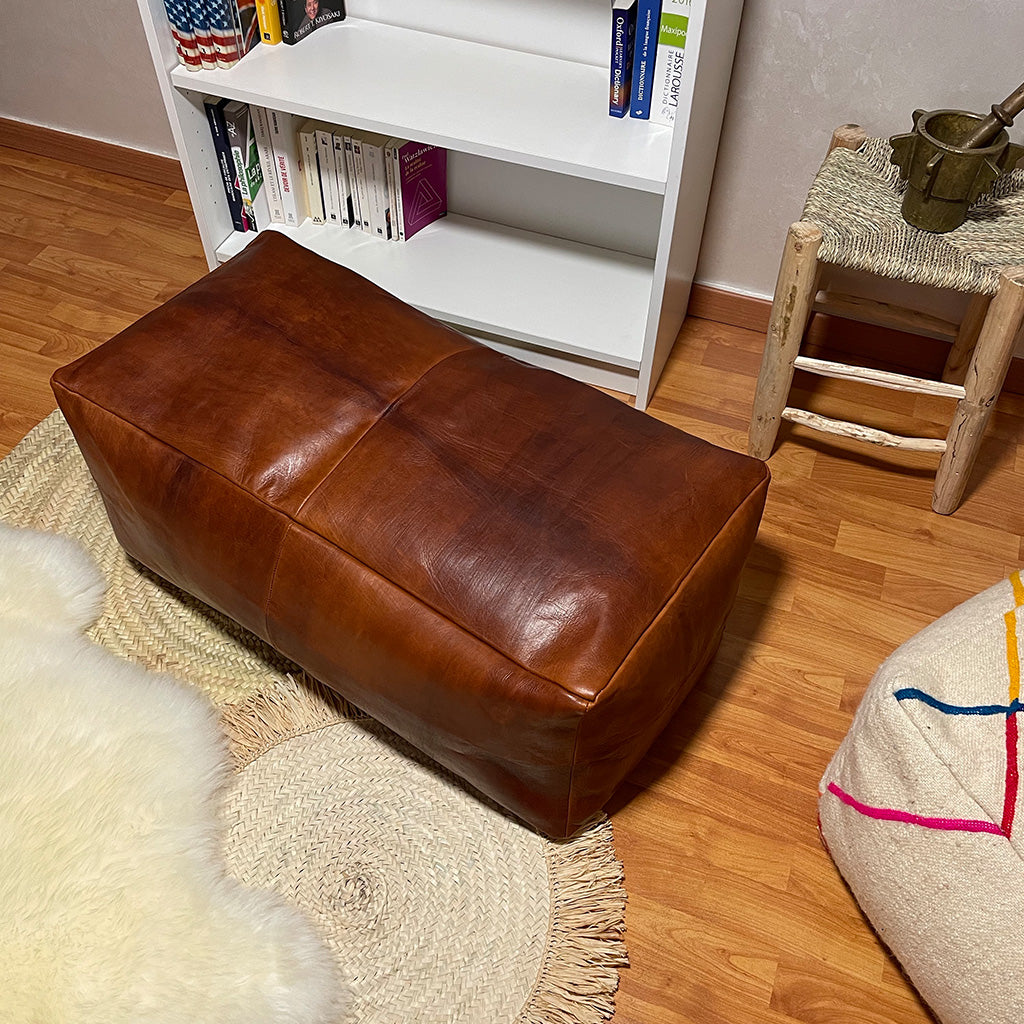 Rectangle Leather Pouf Dark Brown, Ottomans Footstool - Moroccan Interior