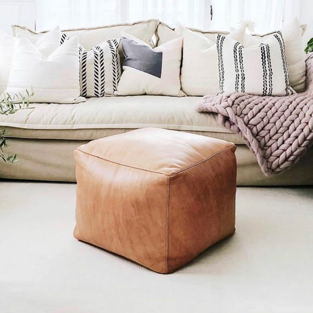 Square Leather Ottoman & Pouf, Leather Stool - Moroccan Interior