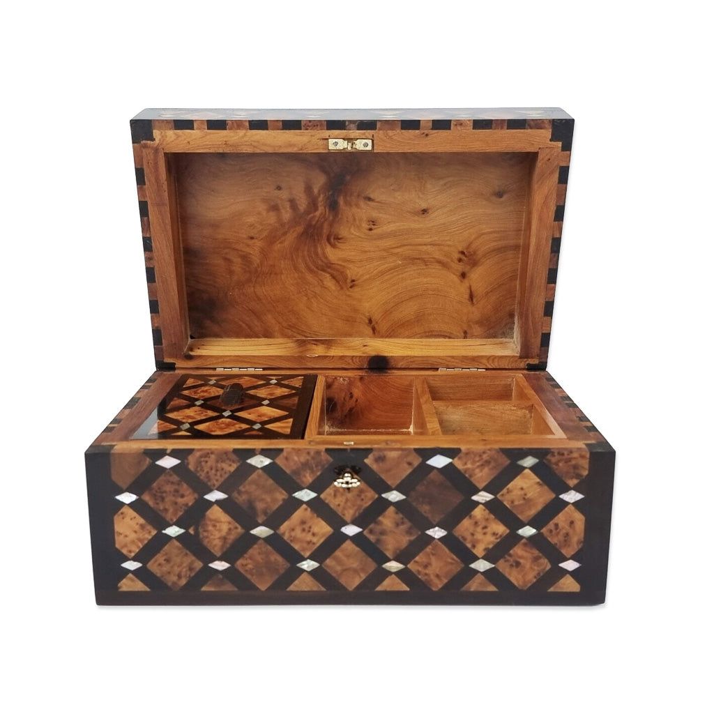 Stunning Thuya Wood Jewelry Box Open View - Moroccan Interior