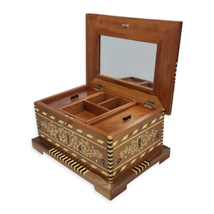 Open Moroccan Thuya wood jewelry box with mirror and divided compartments for storing valuables