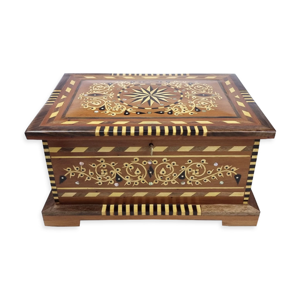 Handcrafted Moroccan jewelry box made from Thuya wood, featuring intricate inlay design on the lid