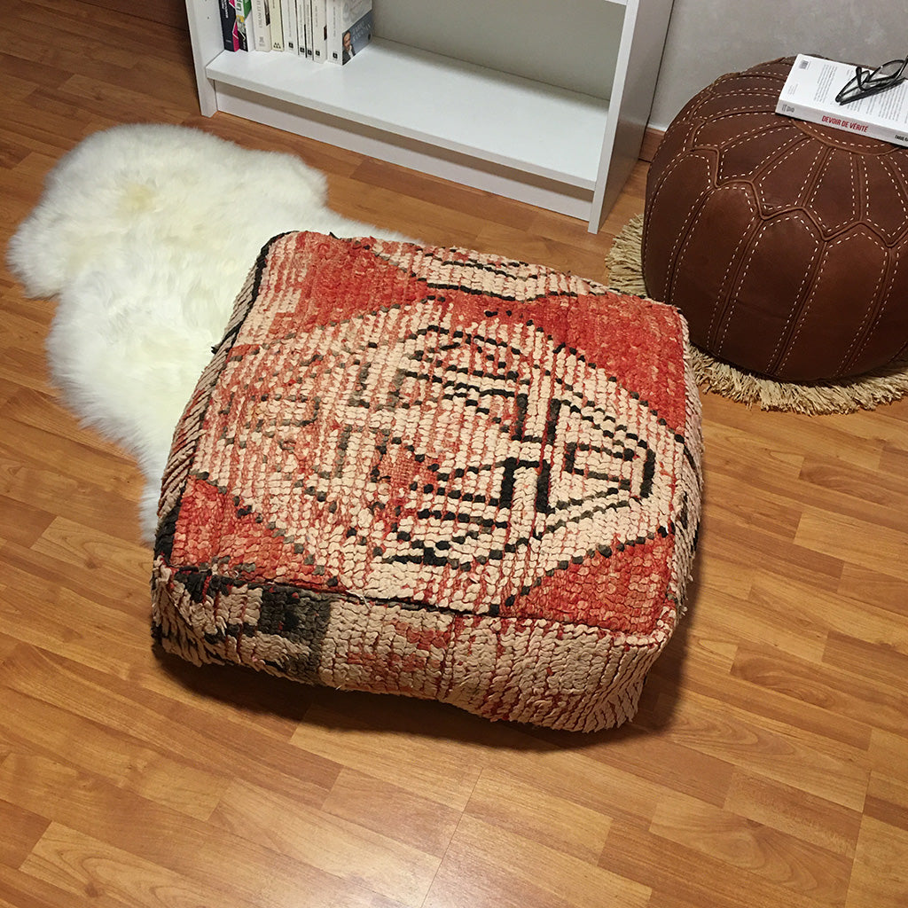 Vintage Moroccan Berber Floor Pillow Pouf Red & Beige - Moroccan Interior