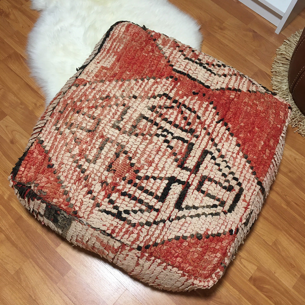 Vintage Moroccan Berber Floor Pillow Pouf Red & Beige - Moroccan Interior