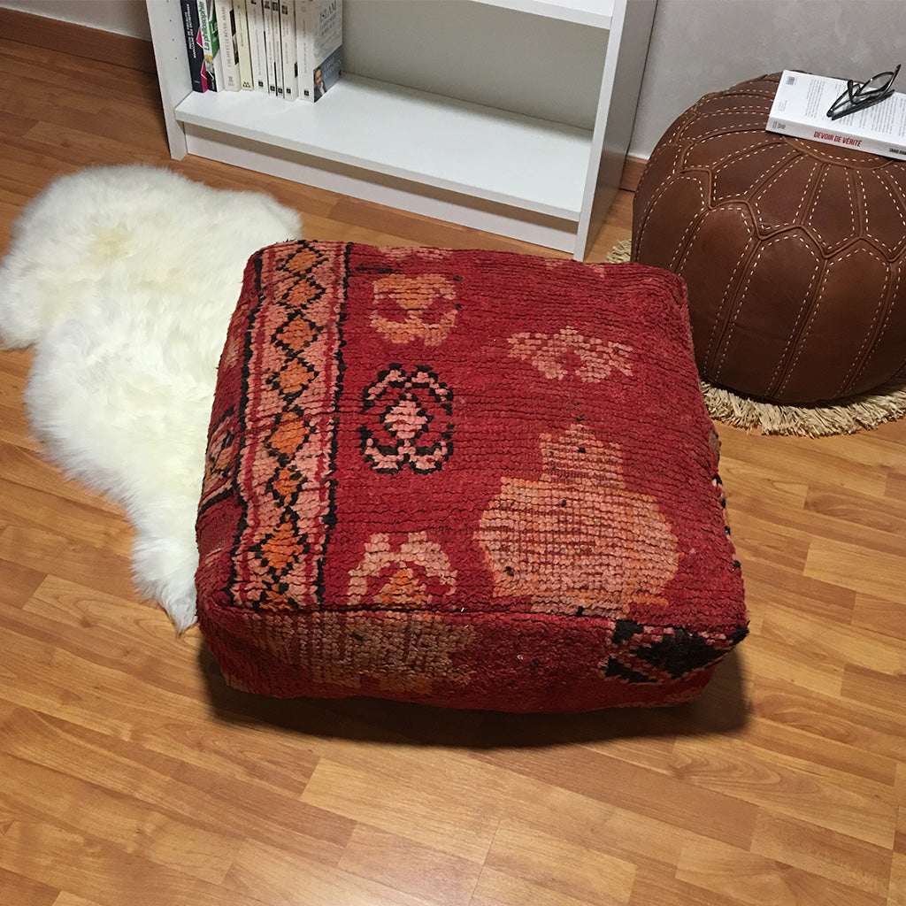 Vintage Moroccan Berber Floor Pillow Pouf Red, Orange - Moroccan Interior
